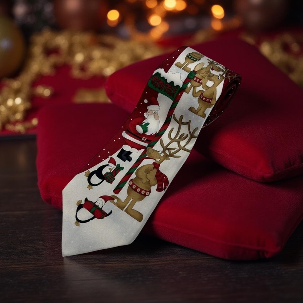 Hallmark Holidays Red Santa Deer Penguins Christmas Silk Tie ‎ L 58" W4"